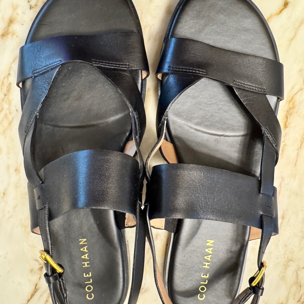 Cole Haan Women’s Fawn Black Leather Sandals with Gold Accents
